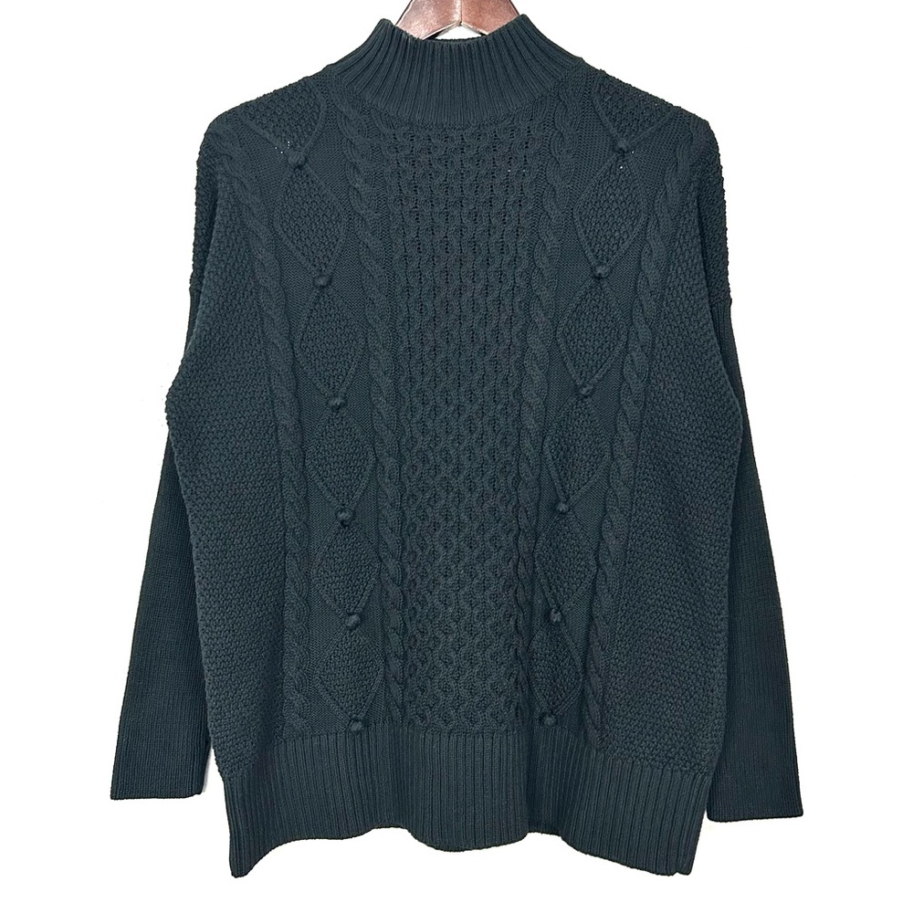 J. Crew Swingy Cable Knit Sweater Women’s Size S Mock Neck Pom Pom 100% Cotton